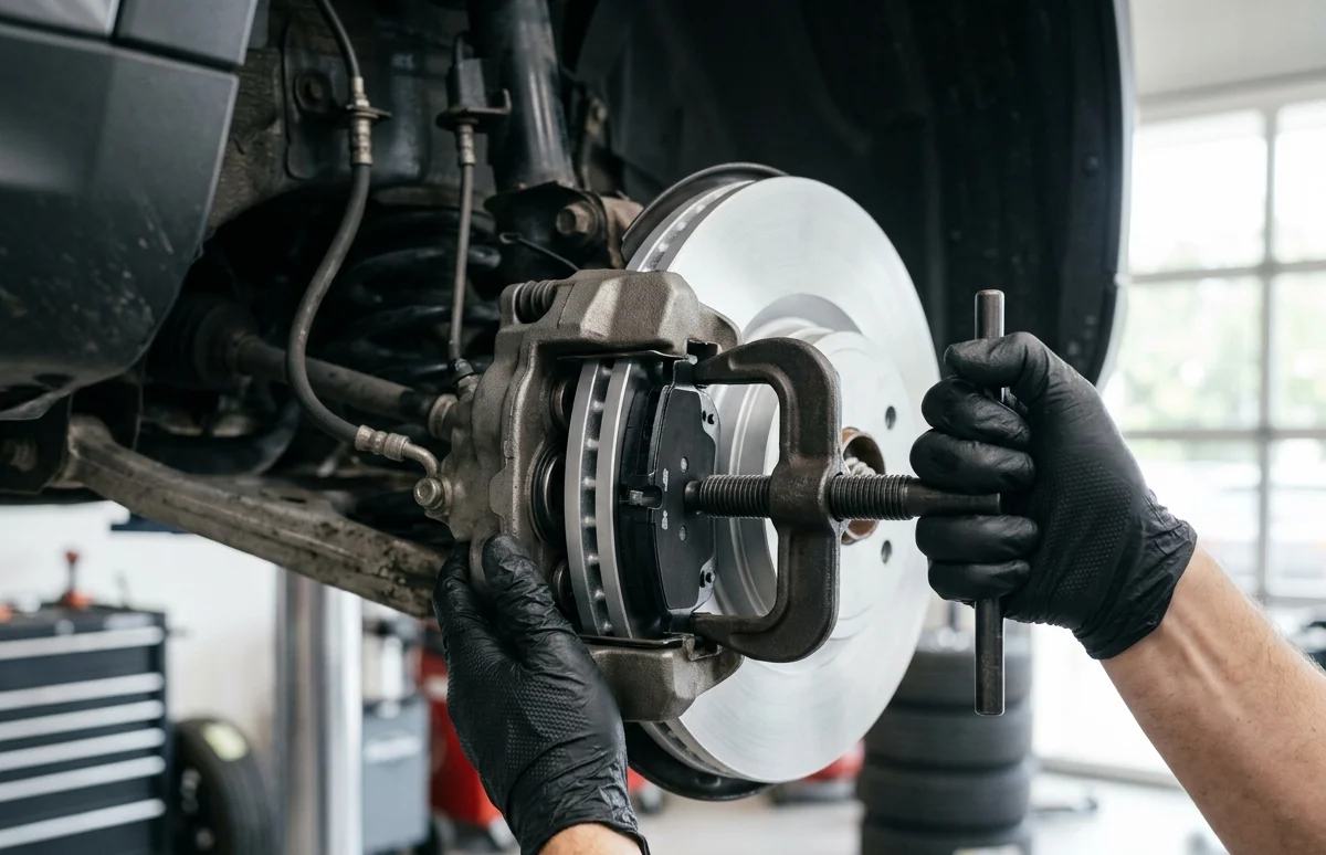 Mechanic using a C-clamp tool to compress a brake caliper piston during a brake pad replacement